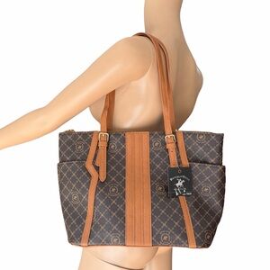 Beverly Hills Polo Club Brown Monogram Tote Bag Faux Leather Zip Top NWT